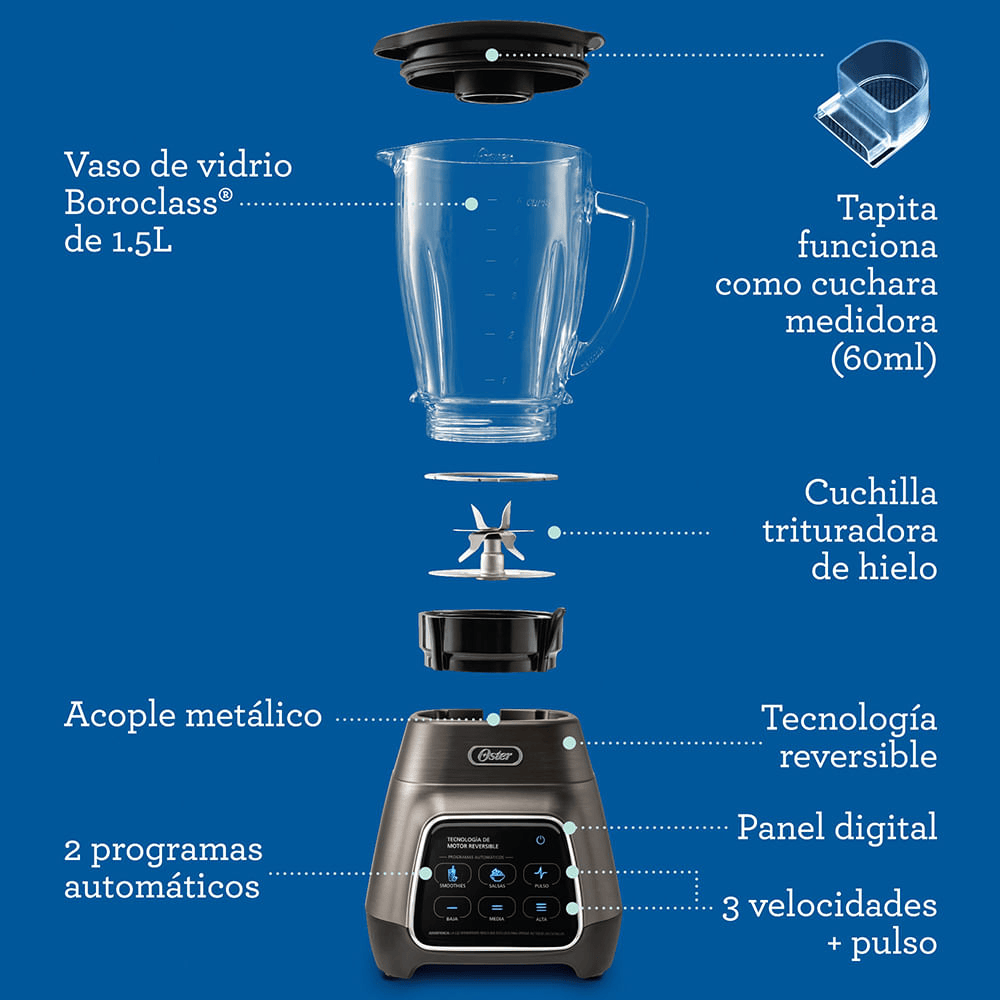 Licuadora Oster Velocidades Reversible Táctil Blend-N-Go 1000W  BLSTPYG1312XBG Plata